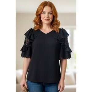 REBECCA TAYLOR Black V-Neck Short Lace Sleeve Fitted Top Blouse 6 - Fits Small